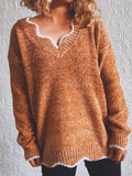 Momentlover Notched Dropped Shoulder Long Sleeve Sweater
