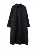 Momentlover Solid Color Polka-Dot Hollow Asymmetric Loose Long Sleeves Lapel Midi Dresses