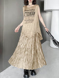 Momentlover Pleated Letter Print Asymmetric Sleeveless Loose Round-Neck Vest Top
