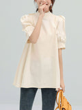 Momentlover Solid Color Pleated Bowknot Loose Half Sleeves Mock Neck Blouses&Shirts Tops