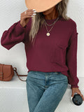 Momentlover Split-Joint Solid Color Pockets Loose Long Sleeves Round-Neck Sweater Tops Pullovers