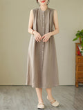 Momentlover Solid Color Pleated Buttoned Sleeveless A-Line Round-Neck Midi Dresses