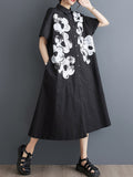Momentlover Flower Print Buttoned Asymmetric Short Sleeves Loose Lapel Shirt Dress Midi Dresses