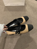 Momentlover Contrast Color Round Cut Split-Joint Square-Toe Low Heels Flat Shoes Flats