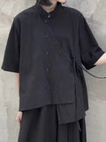 Momentlover Tied Solid Color Buttoned Asymmetric Short Sleeves Raglan Sleeve Stand Collar Blouses&Shirts Tops