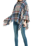 Momentlover Plaid Keep Warm Hooded Fringed Shawl&Cloak Cape