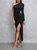Momentlover Split-Side Solid Color Asymmetric Long Sleeves High Waisted One-Shoulder Maxi Dresses