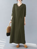 Momentlover Split-Side Solid Color Pockets Loose Long Sleeves V-Neck Maxi Dresses
