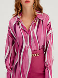 Momentlover Striped Contrast Color Loose Long Sleeves Lapel Blouses