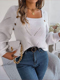 Momentlover Openwork Buttoned Square Neck Sweater