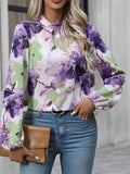 Momentlover Pleated Flower Print Elasticity Puff Sleeves Loose Mock Neck Blouses&Shirts Tops
