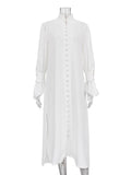 Momentlover Split-Side Solid Color Buttoned Loose Long Sleeves Stand Collar Shirt Dress Midi Dresses