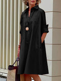 momentlover Simple Long Sleeves Solid Color Lapel Midi Dress