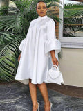 Momentlover Urban Buttoned Solid Color Stand Collar Flared Sleeve Loose Midi Dress