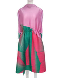 A-Line Loose Adjustable Asymmetric Drawstring Pleated Printed Mock Neck Midi Dresses
