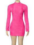 Momentlover Split-Joint Solid Color Pleated Skinny Long Sleeves Round-Neck Mini Dresses