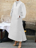Momentlover Split-Side Solid Color Pockets Pleated Buttoned Puff Sleeves Loose Stand Collar Midi Dresses