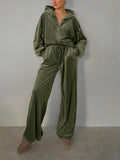 Momentlover Solid Color Hooded Long Sleeves Velvet Zipper Sweatshirt Top + Drawstring Elasticity Pockets Pants Bottom Two Pieces Set