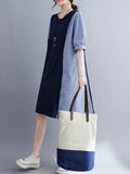 Momentlover Striped Split-Joint Short Sleeves Loose Round-neck Midi Dresses