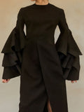 Momentlover Flared Sleeves Asymmetric Layered Ruffled Solid Color Split-Back Split-Front Midi Dresses