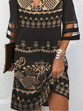 Momentlover Split-Joint Printed Mesh Hollow Plus Size Loose V-Neck Mini Dresses