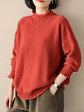 Momentlover Casual Loose Long Sleeves Solid Color High-Neck Sweater Tops