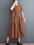 Momentlover Solid Color Pockets Buttoned Short Sleeves Loose V-Neck Midi Dresses