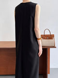Momentlover Zipper Split-Back Solid Color Pockets Sleeveless Loose Round-Neck Midi Dresses