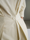 Momentlover Long Sleeves Loose Pleated Solid Color Split-Joint Tied Waist Lapel Midi Dresses Shirt Dress