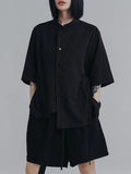 Momentlover Tied Solid Color Buttoned Asymmetric Short Sleeves Raglan Sleeve Stand Collar Blouses&Shirts Tops