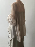 Momentlover Bishop Sleeve Long Sleeves See-Through Split-Joint Tied Collarless Blouses&Shirts Tops