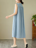 Momentlover Solid Color Pleated Buttoned Sleeveless A-Line Round-Neck Midi Dresses