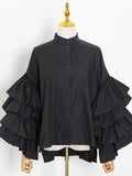 Momentlover Solid Color Ruffled Layered Buttoned Loose Long Sleeves Mock Neck Blouses&Shirts Tops