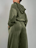 Momentlover Solid Color Hooded Long Sleeves Velvet Zipper Sweatshirt Top + Drawstring Elasticity Pockets Pants Bottom Two Pieces Set
