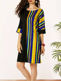 Momentlover Striped Contrast Color Asymmetric Plus Size Loose Round-neck Mini Dresses