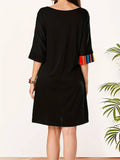 Momentlover Striped Contrast Color Asymmetric Plus Size Loose Round-neck Mini Dresses