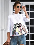 momentlover Casual High-Low Loose Printed Stand Collar Blouses&Shirts Tops