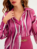 Momentlover Striped Contrast Color Loose Long Sleeves Lapel Blouses
