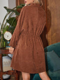 Long Sleeves Puff Sleeves Buttoned Drawstring Solid Color Lapel Mini Dresses Shirt Dress