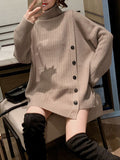 Momentlover Buttoned Asymmetric Thick Loose High-neck Sweater Tops Pullovers Knitwear
