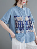 Momentlover Artistic Retro Loose Applique Printed Blouse