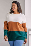 Momentlover Plus Size Color Block Long Sleeve Sweater