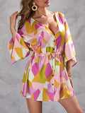 Momentlover Printed Drawstring Buttoned Loose Half Sleeves V-Neck Mini Dresses