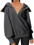Momentlover Zipper Solid Color Loose Long Sleeves V-Neck Sweatshirt Tops
