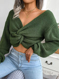 Momentlover Twisted Front Long Sleeve Cropped Sweater