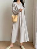 Momentlover Solid Color Hollow Loose Long Sleeves V-Neck Midi Dresses