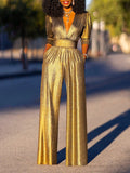 Momentlover High Waisted Three-Quarter Sleeves Shiny Solid Color Deep V-Neck Jumpsuits Bottoms