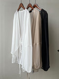 Momentlover Bishop Sleeve Long Sleeves See-Through Split-Joint Tied Collarless Blouses&Shirts Tops
