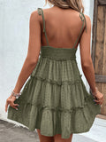 Momentlover A-Line High Waisted Backless Jacquard Solid Color Split-Joint Tied U-Neck Mini Dresses Slip Dress