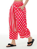 Momentlover Striped Split-Joint Polka-Dot Elasticity Contrast Color Wide Leg Loose Pants Cropped Trousers